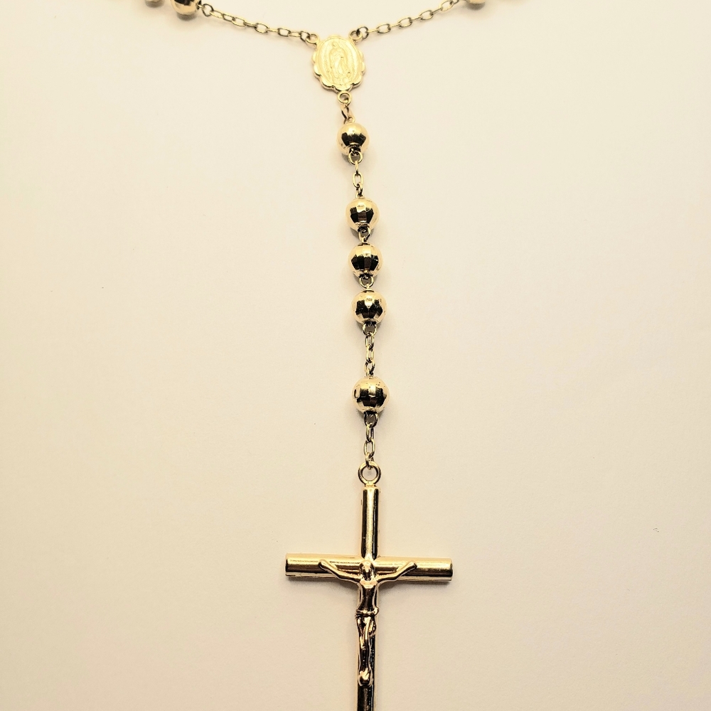 14K Solid Gold 6mm Bead Ball Rosary Necklace 26" Guadalupe Rosario Collar Oro - Picture 8 of 16